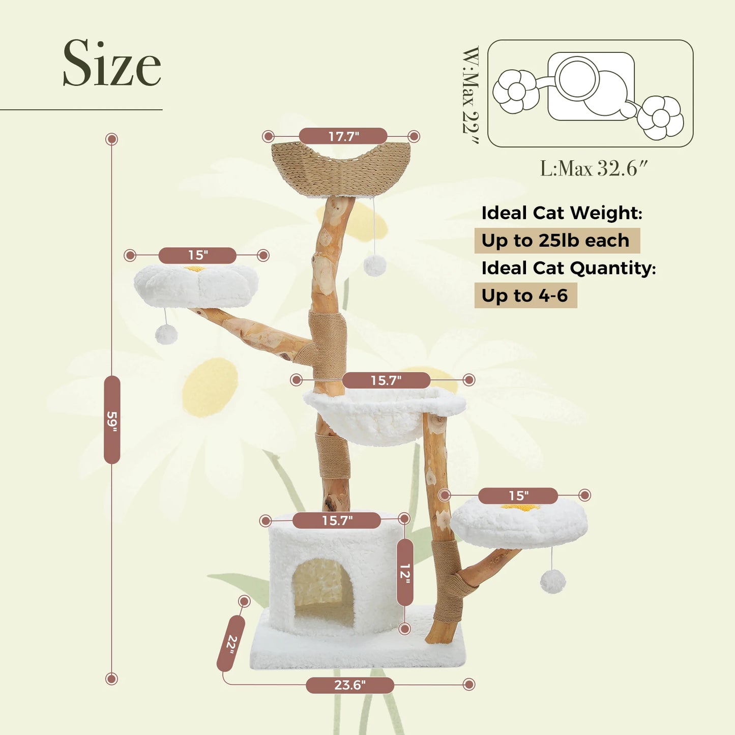 Solid Wood Cat Tree Modern Cat Tower with Spacious Cat Condo,Flower Perches,Fun Pompoms