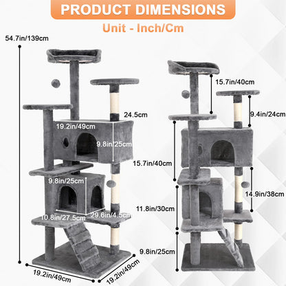 Cat Tree 54/70 Inch Cat Tower Cat Condo with Sisal-Covered Scratching Posts Dangling Ball for Cats to Play and Sleep