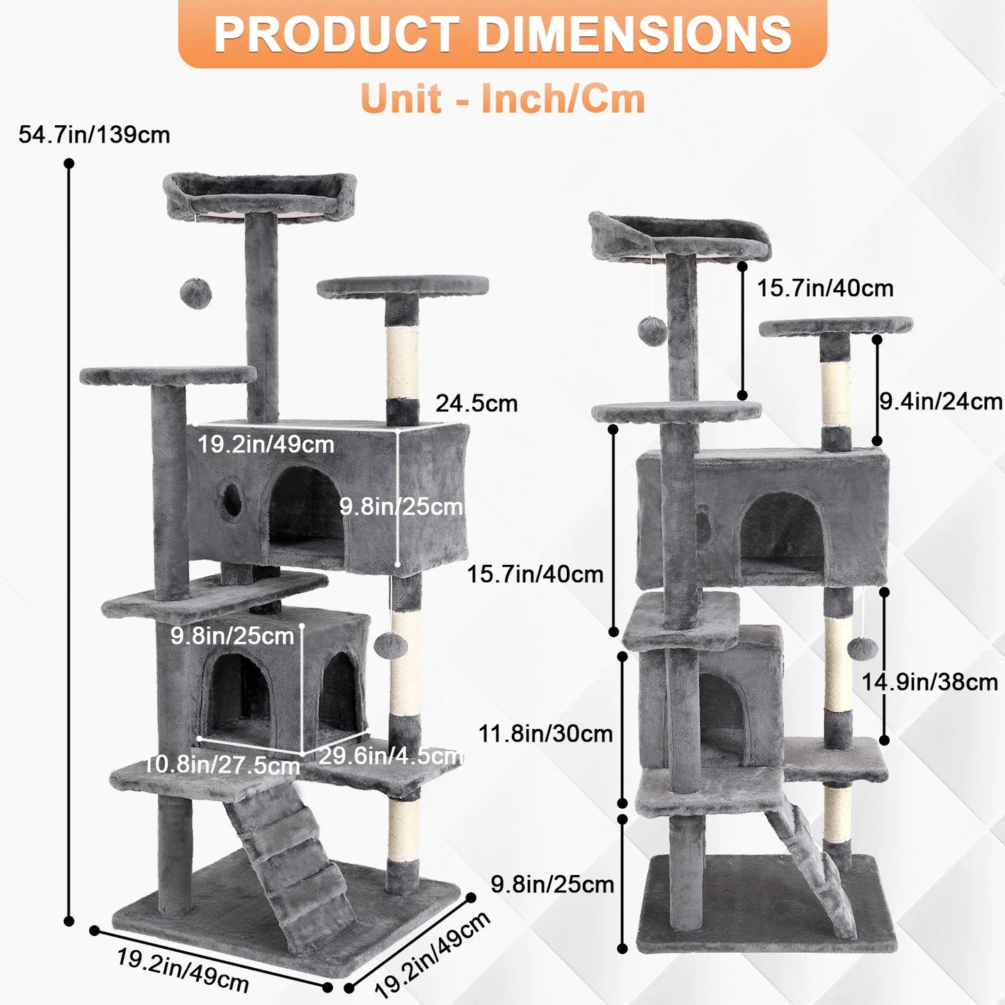 Cat Tree 54/70 Inch Cat Tower Cat Condo with Sisal-Covered Scratching Posts Dangling Ball for Cats to Play and Sleep
