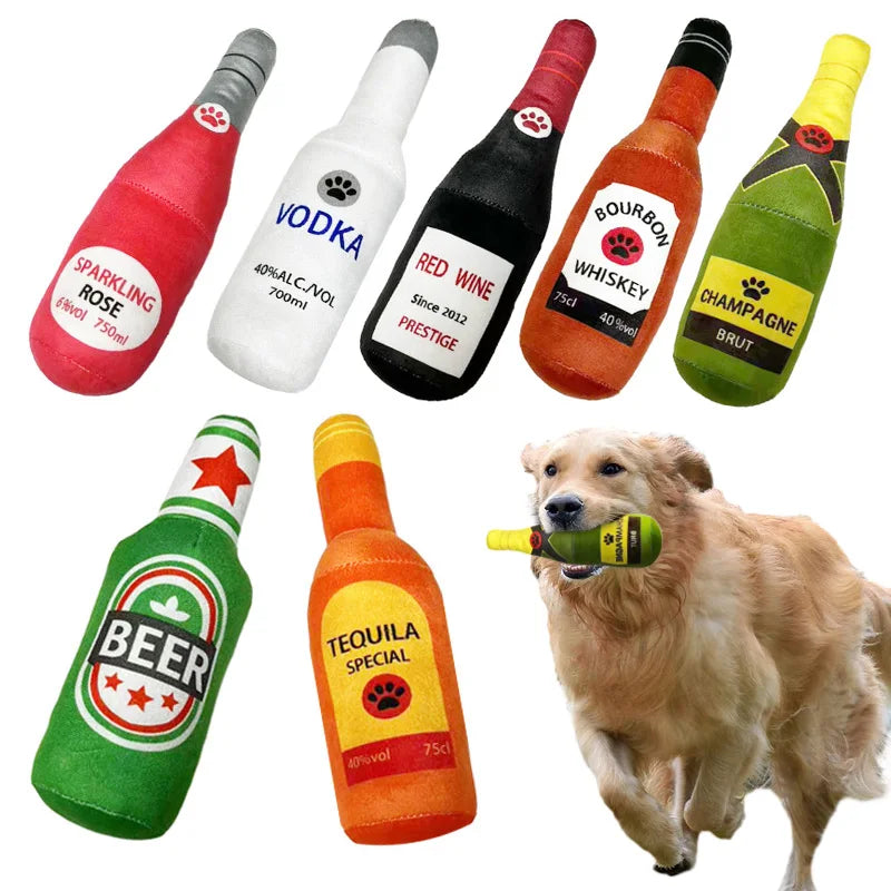 Funny Plush Dog Toys, Beer Bottle Shaped Small - Large Dogs, Squeak Sound, Clean Teeth Chew Toys