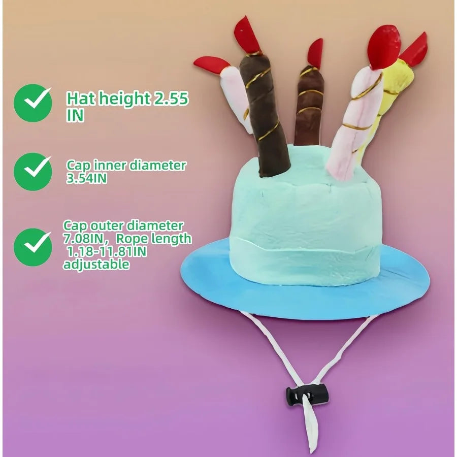 Cute Pet Party Hat for Dogs and Cats - Soft Fluffy Birthday Cap with 5 Color Candles, Blue