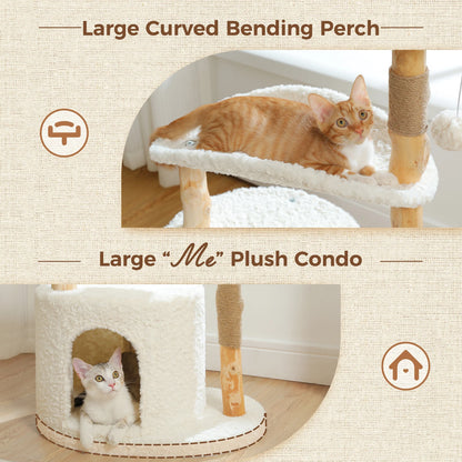 Solid Wood Cat Tree Modern Cat Tower with Spacious Cat Condo,Flower Perches,Fun Pompoms