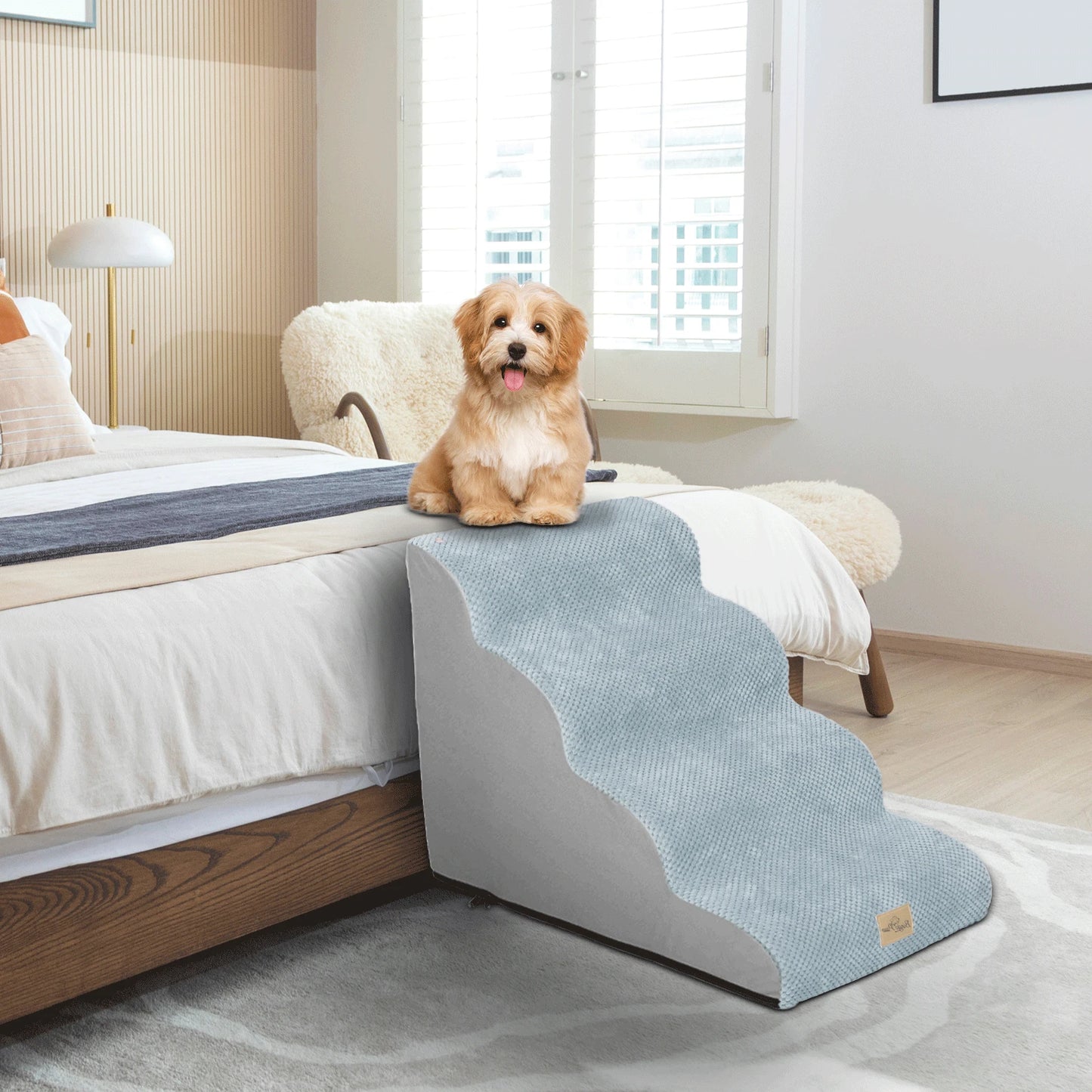 High Density Foam Curved Dog Stairs for High Beds 3/4/5 Tiers Dog Ramp Steps