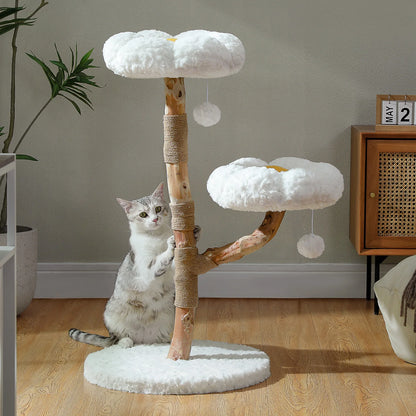 Solid Wood Cat Tree Modern Cat Tower with Spacious Cat Condo,Flower Perches,Fun Pompoms