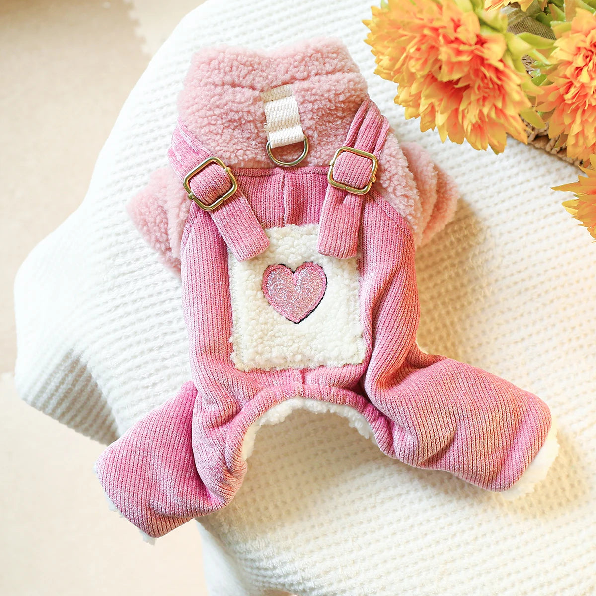 Winter Overall For Dogs Pink Harness / Jacket With Pink Corduroy Pants