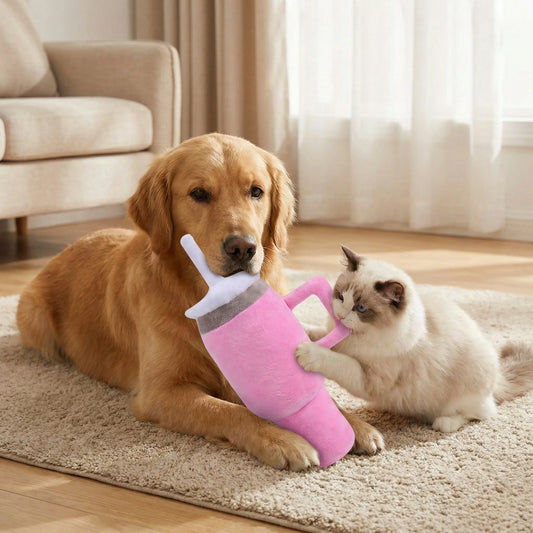 Squeaky Pink Giant Tumbler Cup Plush Pet Toy, Tear-Resistant for Dogs & Cats, Machine-Washable