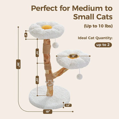 Solid Wood Cat Tree Modern Cat Tower with Spacious Cat Condo,Flower Perches,Fun Pompoms