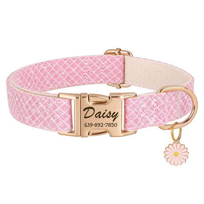 Bling Nylon Custom Dog Collar Cute Flower Tag Dog Collars Engraving Pet Name ID Buckle Necklace For Small Large Dogs Chihuahua