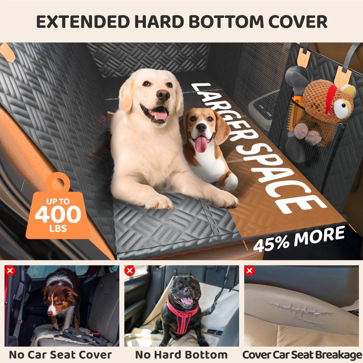 Car Rear Seat Dog Seat Cover, Hard Bottom Rear Seat Extender, Anti-Scratch, Washable