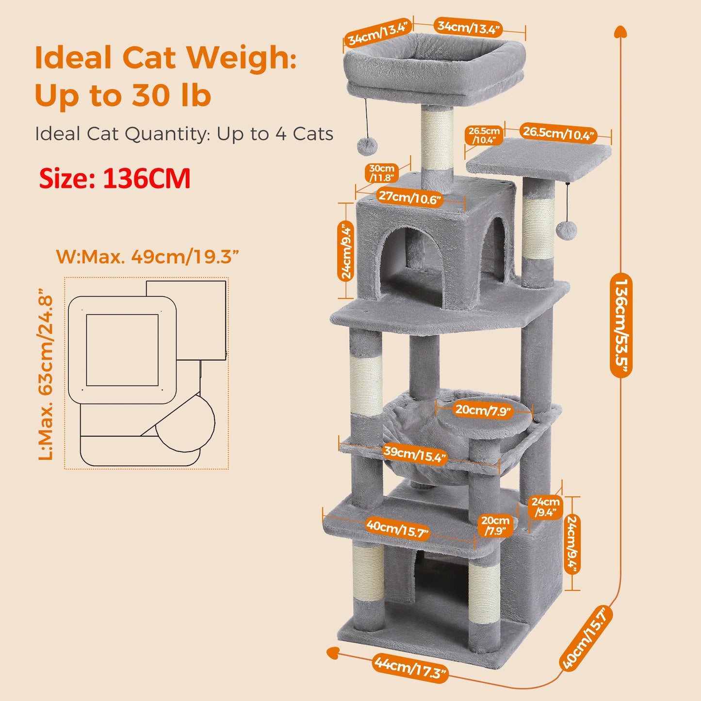 Large Cat Tree and Tower for Indoor Cats With Sisal-Covered Scratching Posts Spacious Hammock Padded Perches and Condos