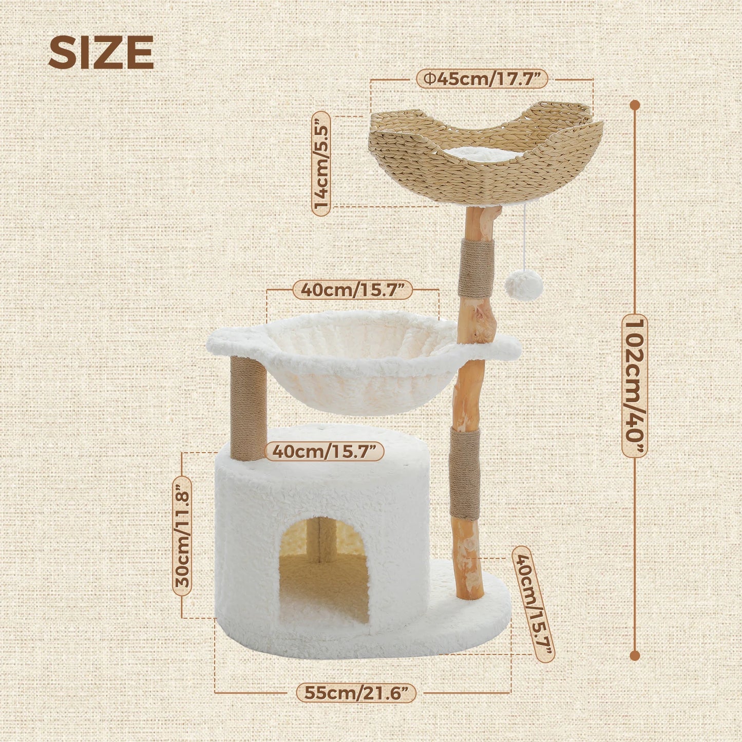 Solid Wood Cat Tree Modern Cat Tower with Spacious Cat Condo,Flower Perches,Fun Pompoms