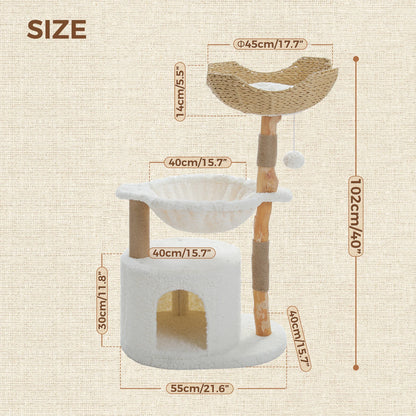 Solid Wood Cat Tree Modern Cat Tower with Spacious Cat Condo,Flower Perches,Fun Pompoms