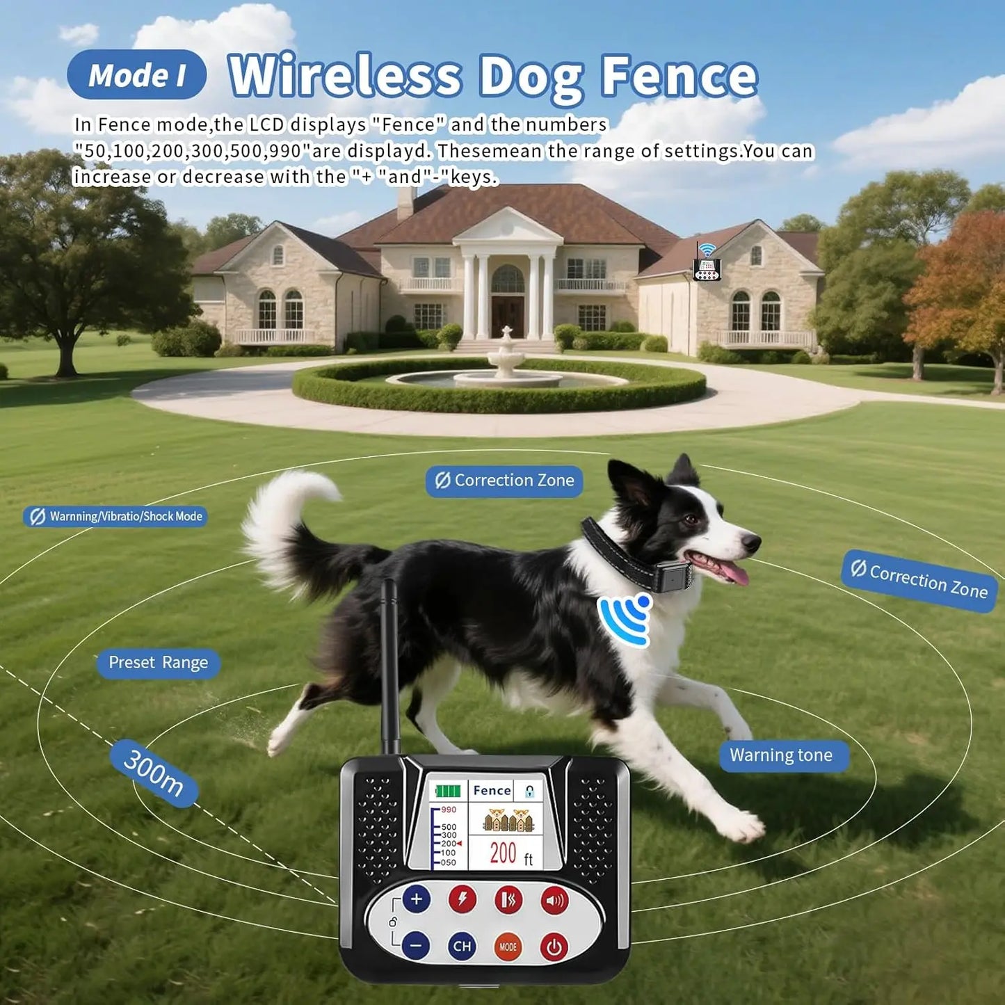 Wireless Dog Fence System, Invisible Fence with Shock/Vibration, Waterproof Adjustable Collar for Outdoor Safety