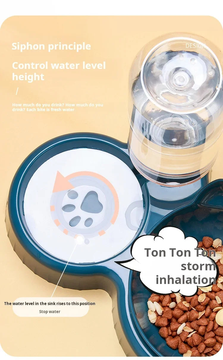 Pet Bowls With Water Feeder, 3 In 1 Ear Design Tilted Cat Water And Food Bowl Set With Gravity Water Bottle