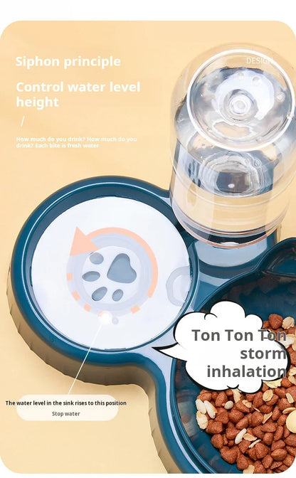 Pet Bowls With Water Feeder, 3 In 1 Ear Design Tilted Cat Water And Food Bowl Set With Gravity Water Bottle