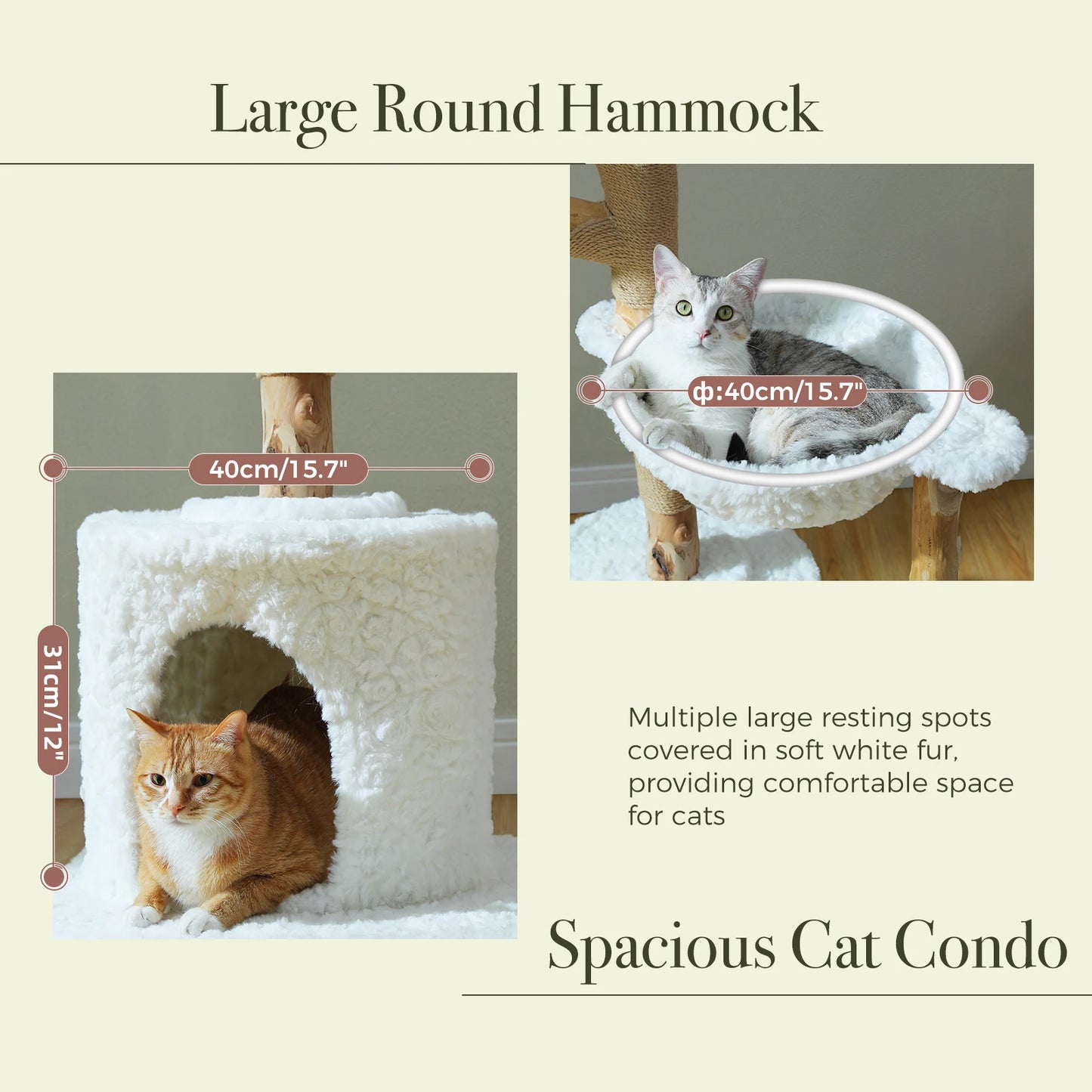 Solid Wood Cat Tree Modern Cat Tower with Spacious Cat Condo,Flower Perches,Fun Pompoms