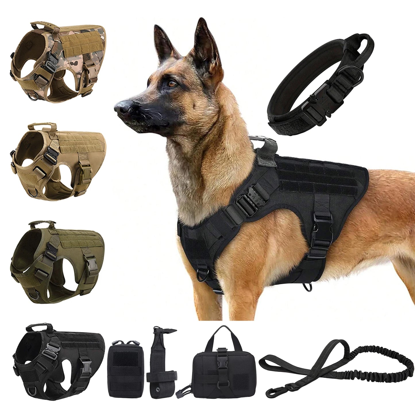 Tactical Dog Harness Collar/Harness and Leash Molle Pouches For Medium Large & Dogs