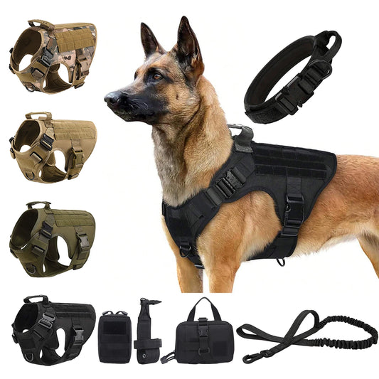 Tactical Dog Harness Collar/Harness and Leash Molle Pouches For Medium Large & Dogs