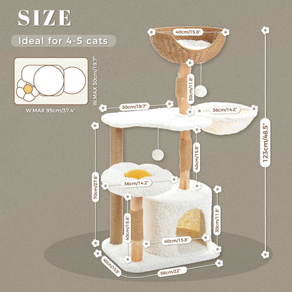 Solid Wood Cat Tree Modern Cat Tower with Spacious Cat Condo,Flower Perches,Fun Pompoms