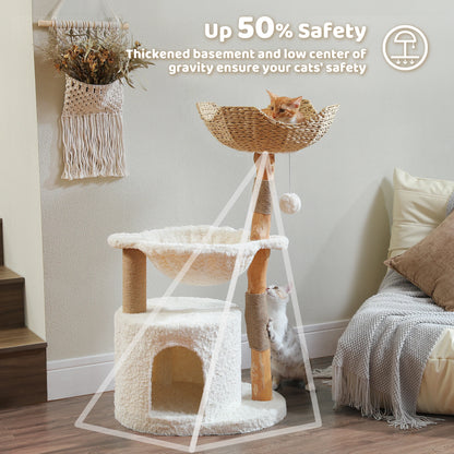 Solid Wood Cat Tree Modern Cat Tower with Spacious Cat Condo,Flower Perches,Fun Pompoms