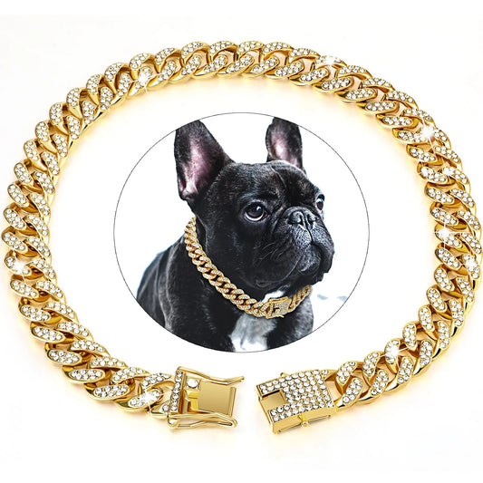 Dog or Cat Chain, Diamond Cuban Collar, Metal Chain Collar with Design Secure Buckle
