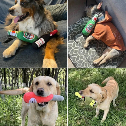 Funny Plush Dog Toys, Beer Bottle Shaped Small - Large Dogs, Squeak Sound, Clean Teeth Chew Toys