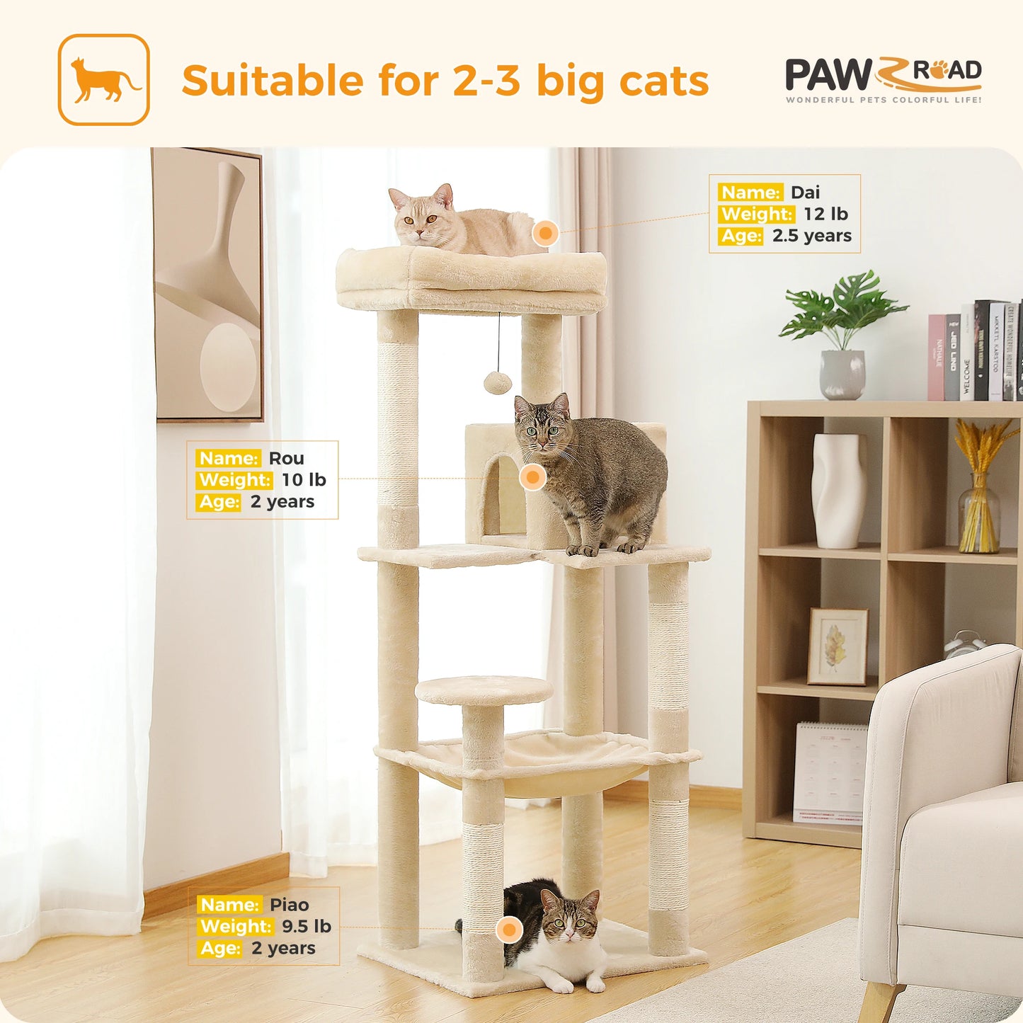 Cat Tree for Indoor Cats 5-Level Cat Tower for Large Cats with Large Hammock Sisal Covered Scratching Posts