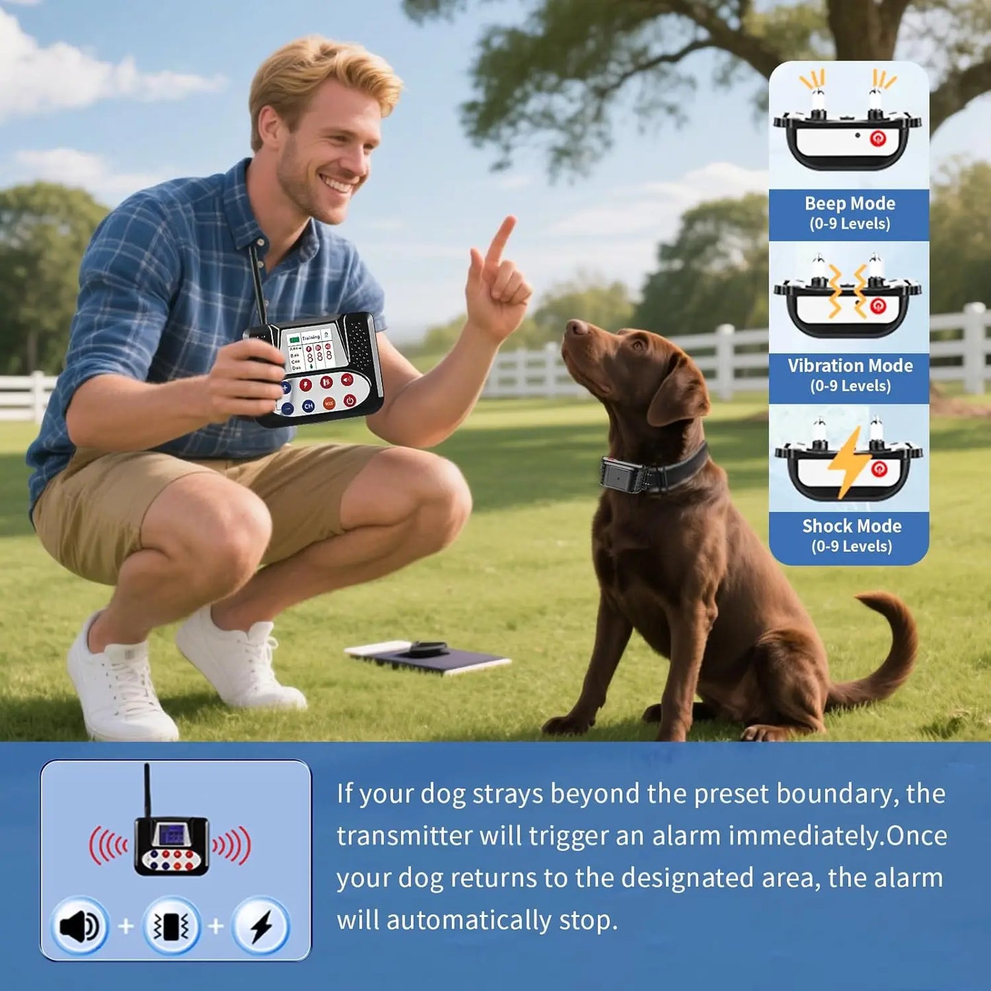 Wireless Dog Fence System, Invisible Fence with Shock/Vibration, Waterproof Adjustable Collar for Outdoor Safety