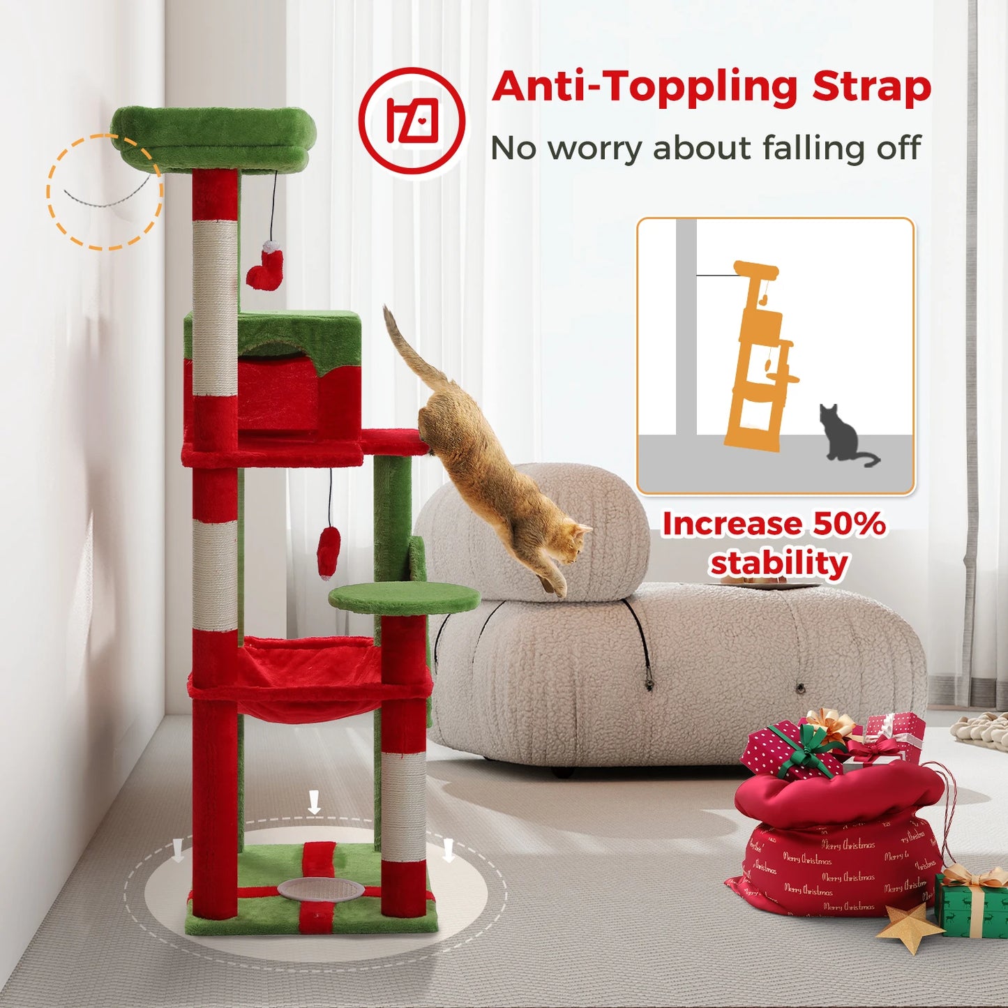 Cat Tree for Indoor Cats 5-Level Cat Tower for Large Cats with Large Hammock Sisal Covered Scratching Posts