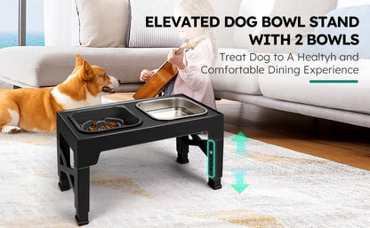 2-in-1 Elevated Slow Feeder Dog Bowls, Non-Slip Stainless Steel/Plastic/ Pet Food & Water Bowls with Foldable Stand