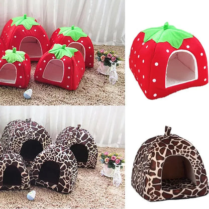 Soft Strawberry Leopard Dog or Cat House / Cave