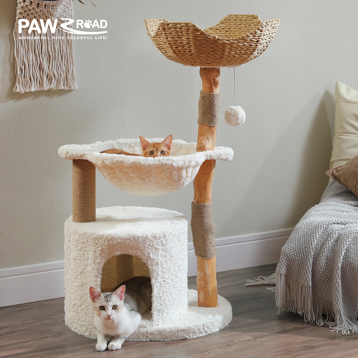 Solid Wood Cat Tree Modern Cat Tower with Spacious Cat Condo,Flower Perches,Fun Pompoms