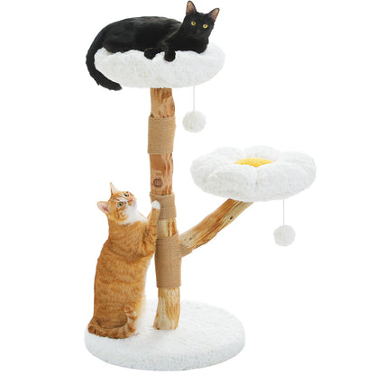 Solid Wood Cat Tree Modern Cat Tower with Spacious Cat Condo,Flower Perches,Fun Pompoms