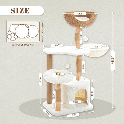 Solid Wood Cat Tree Modern Cat Tower with Spacious Cat Condo,Flower Perches,Fun Pompoms