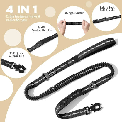 Reflective Shock Absorbing Pet Leashes with Car Seatbelt for Large Dogs, Heavy Duty Tactical Bungee Dog Leash