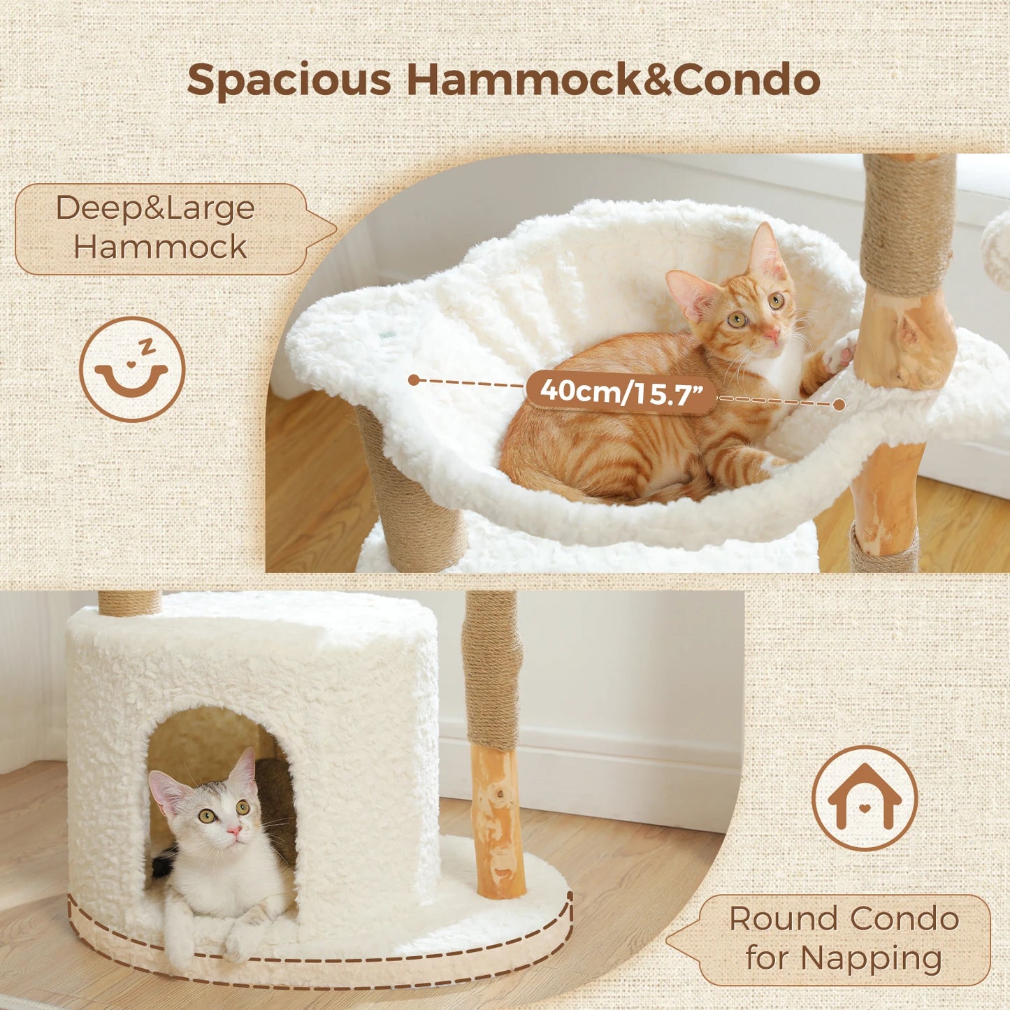 Solid Wood Cat Tree Modern Cat Tower with Spacious Cat Condo,Flower Perches,Fun Pompoms