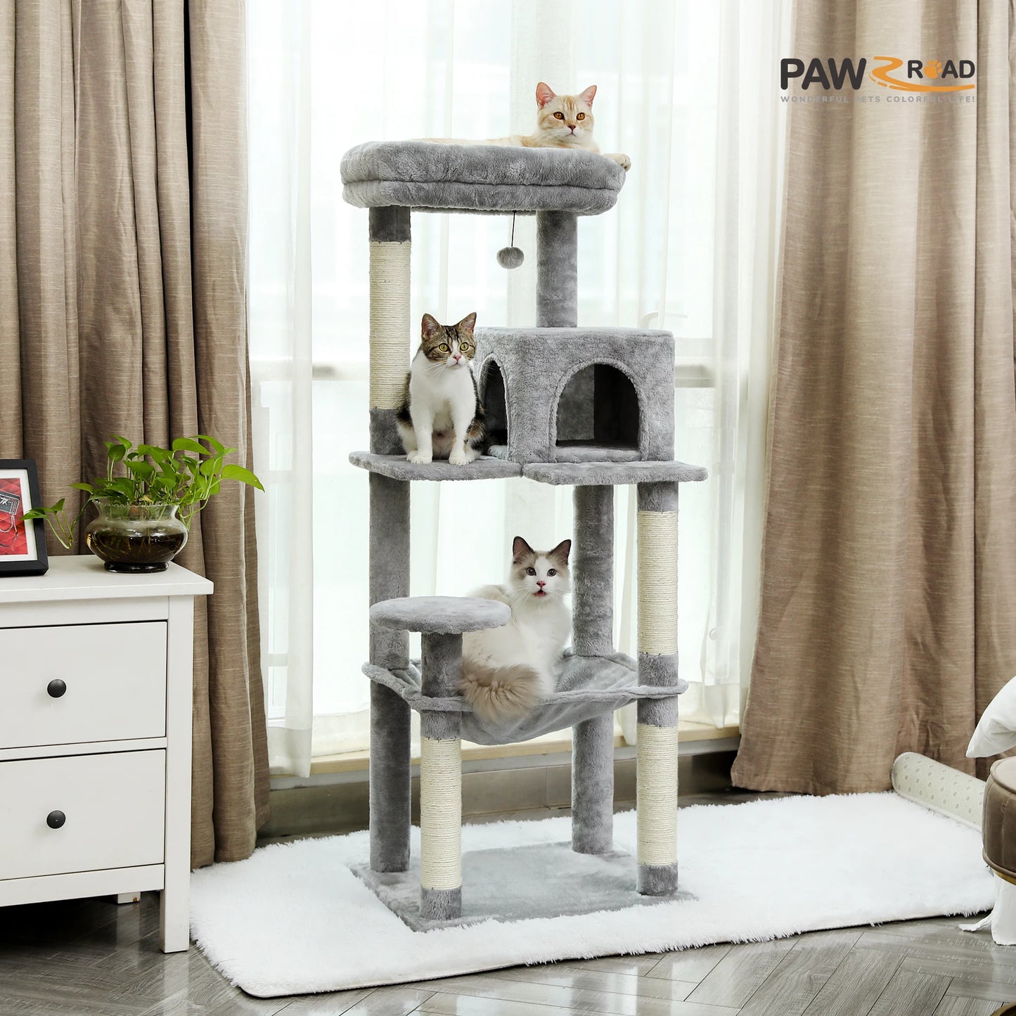 Cat Tree for Indoor Cats 5-Level Cat Tower for Large Cats with Large Hammock Sisal Covered Scratching Posts