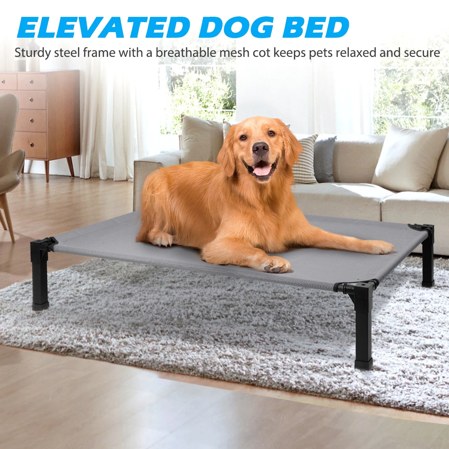 Elevated Dog Bed, Cooling Raised Pet Cot with Chew Proof Washable Breathable Mesh and Metal Frame, Portable
