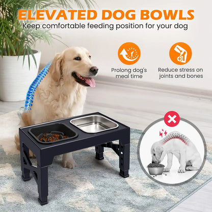2-in-1 Elevated Slow Feeder Dog Bowls, Non-Slip Stainless Steel/Plastic/ Pet Food & Water Bowls with Foldable Stand