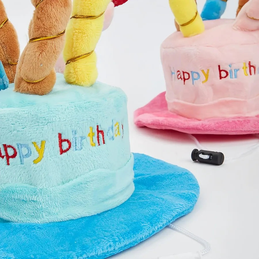 Cute Pet Party Hat for Dogs and Cats - Soft Fluffy Birthday Cap with 5 Color Candles, Blue