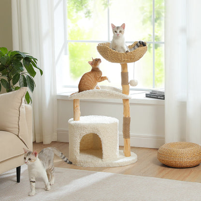 Solid Wood Cat Tree Modern Cat Tower with Spacious Cat Condo,Flower Perches,Fun Pompoms