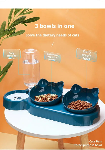 Pet Bowls With Water Feeder, 3 In 1 Ear Design Tilted Cat Water And Food Bowl Set With Gravity Water Bottle