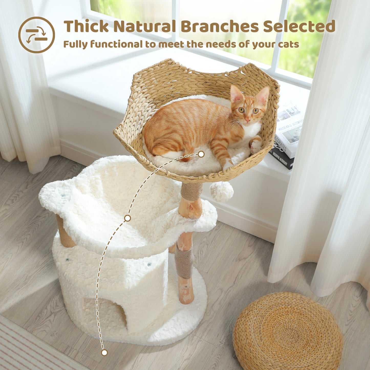 Solid Wood Cat Tree Modern Cat Tower with Spacious Cat Condo,Flower Perches,Fun Pompoms
