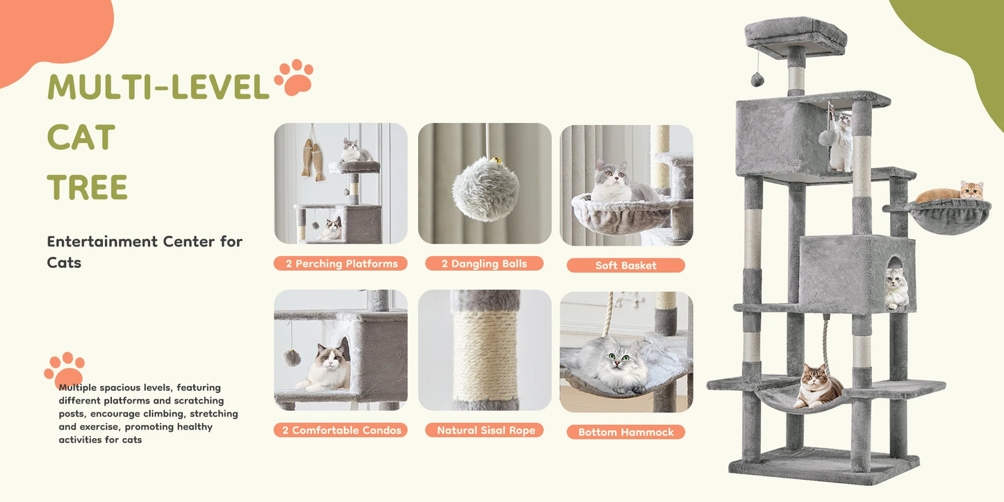Cat Tree Tower 66 Inch Large Multi Level Cat Climbing Tower with Condo Natural Sisal Scratching Posts
