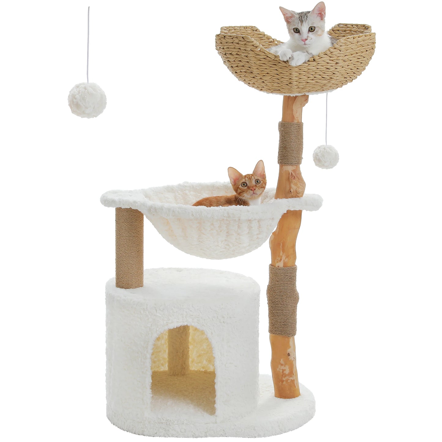 Solid Wood Cat Tree Modern Cat Tower with Spacious Cat Condo,Flower Perches,Fun Pompoms