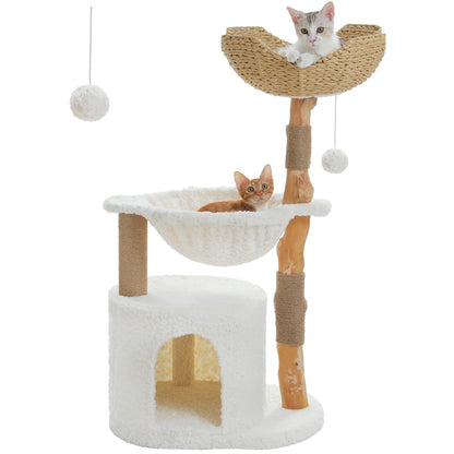 Solid Wood Cat Tree Modern Cat Tower with Spacious Cat Condo,Flower Perches,Fun Pompoms