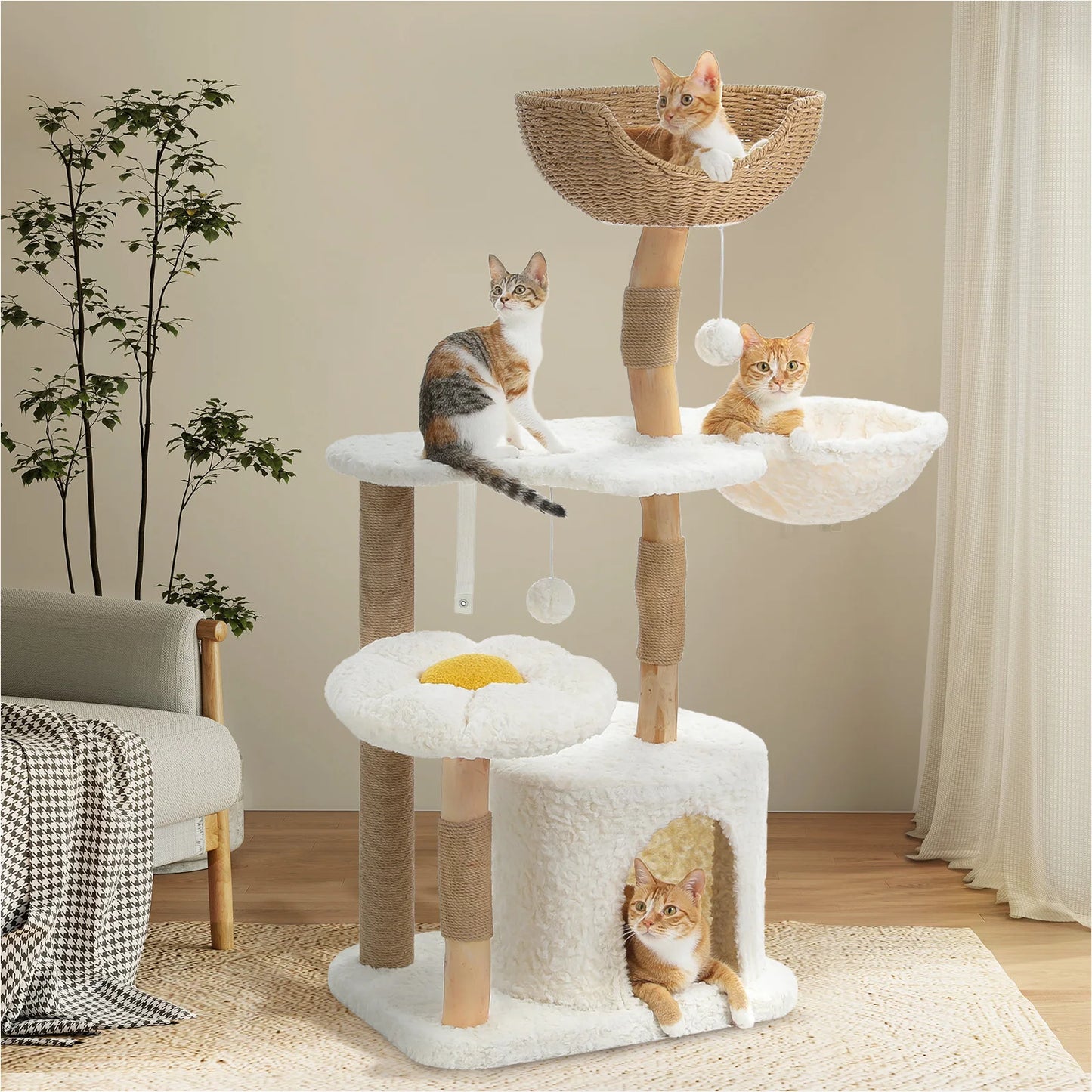 Solid Wood Cat Tree Modern Cat Tower with Spacious Cat Condo,Flower Perches,Fun Pompoms
