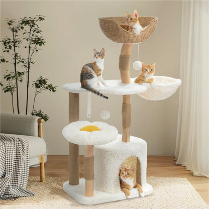 Solid Wood Cat Tree Modern Cat Tower with Spacious Cat Condo,Flower Perches,Fun Pompoms