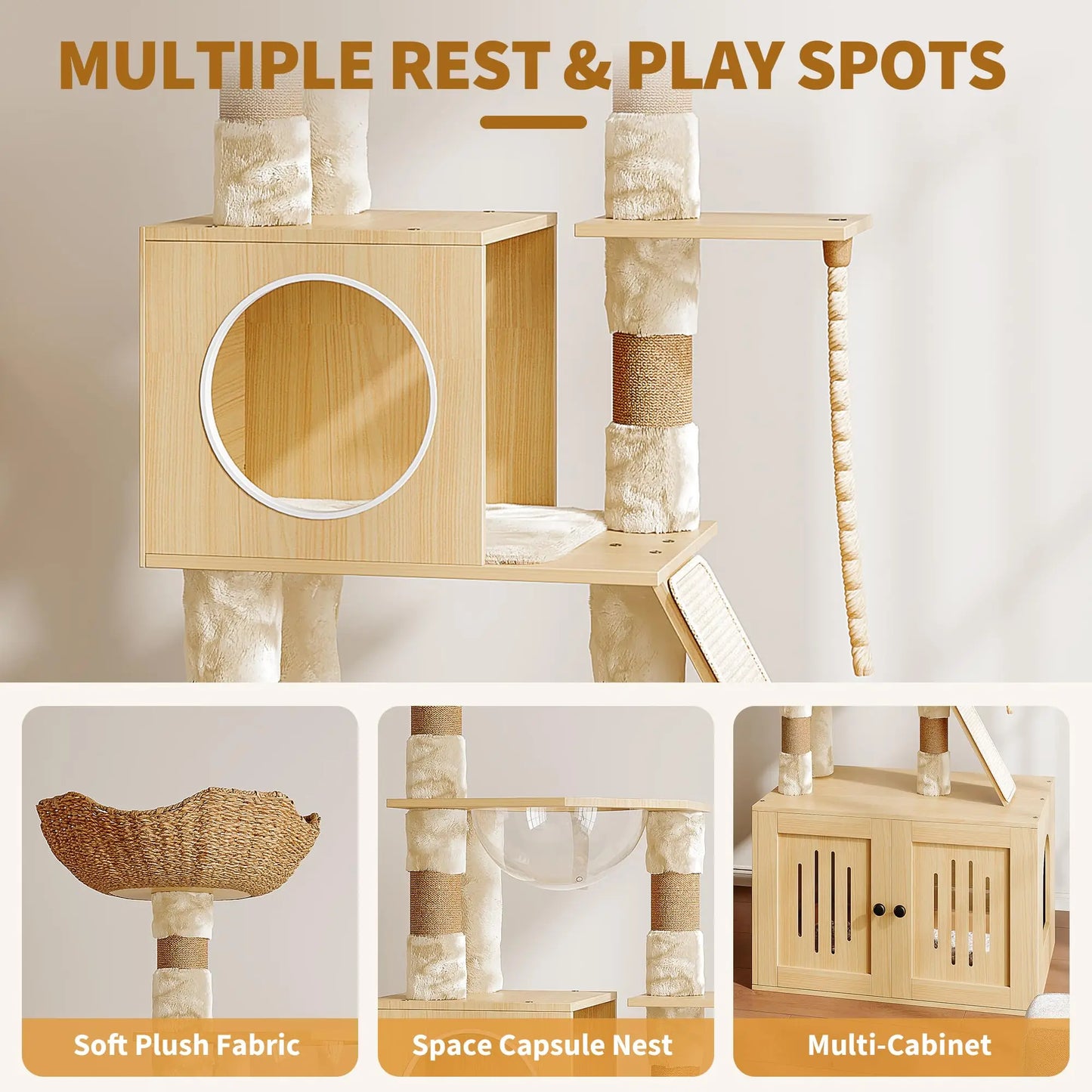 Cat Tree, 66.9-Inch Cat Tower with Litter Box Enclosure, Large Condo with Food Station, Storage, Scratching Posts, Hammock