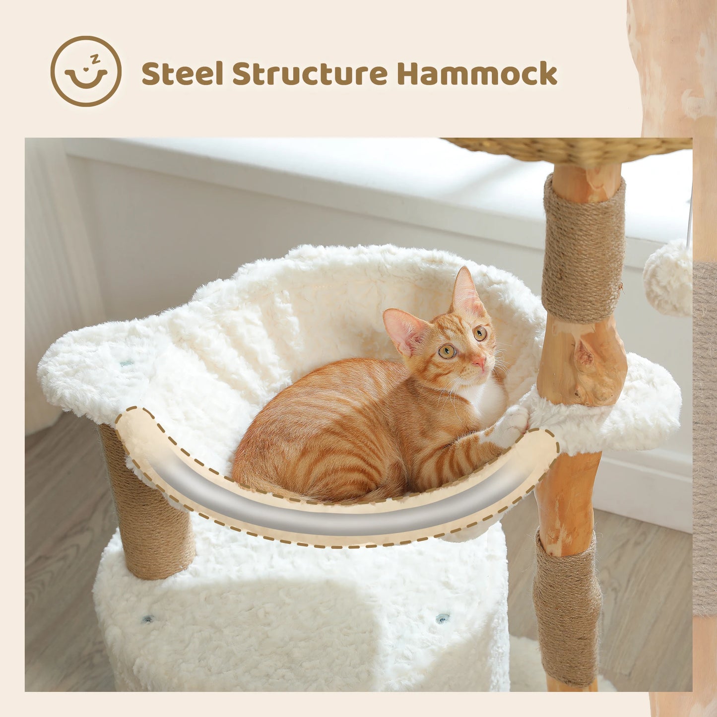 Solid Wood Cat Tree Modern Cat Tower with Spacious Cat Condo,Flower Perches,Fun Pompoms